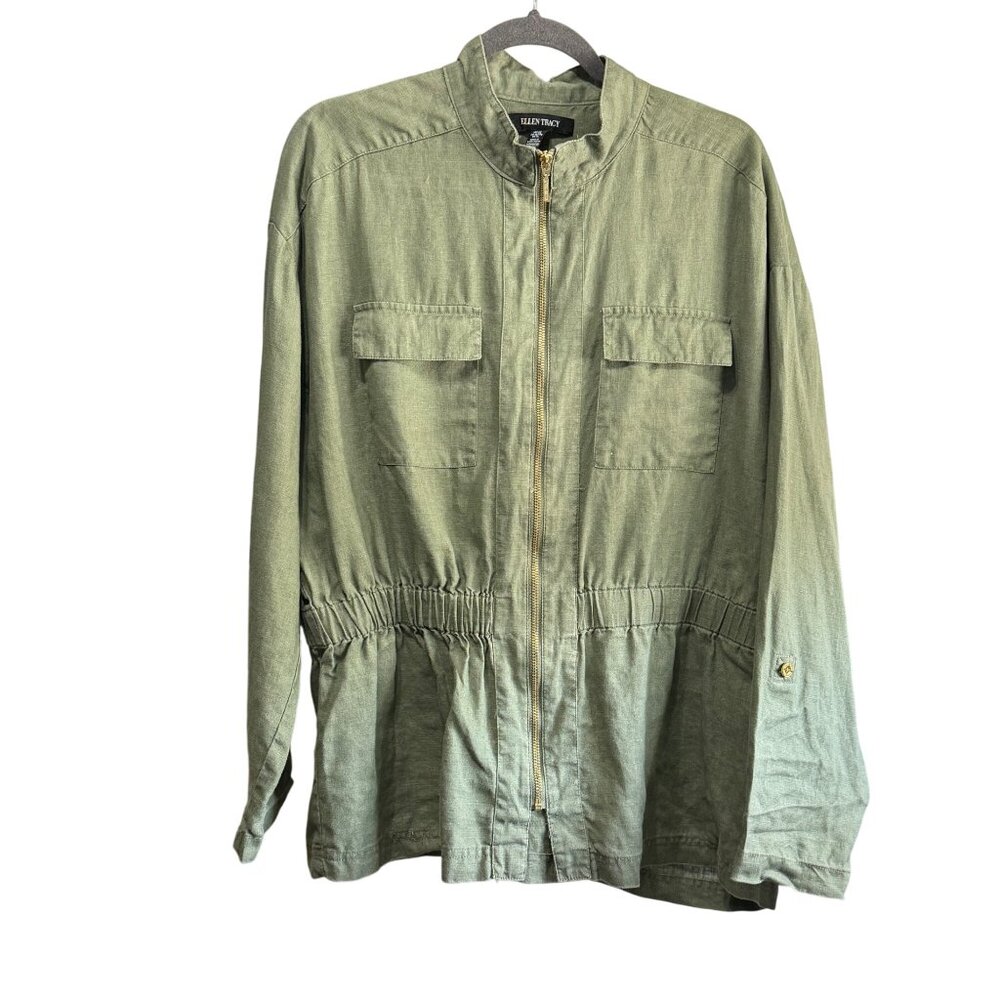 Ellen Tracy Olive Green Linen Jacket XL With Drawstring Waist & Full Zip Front